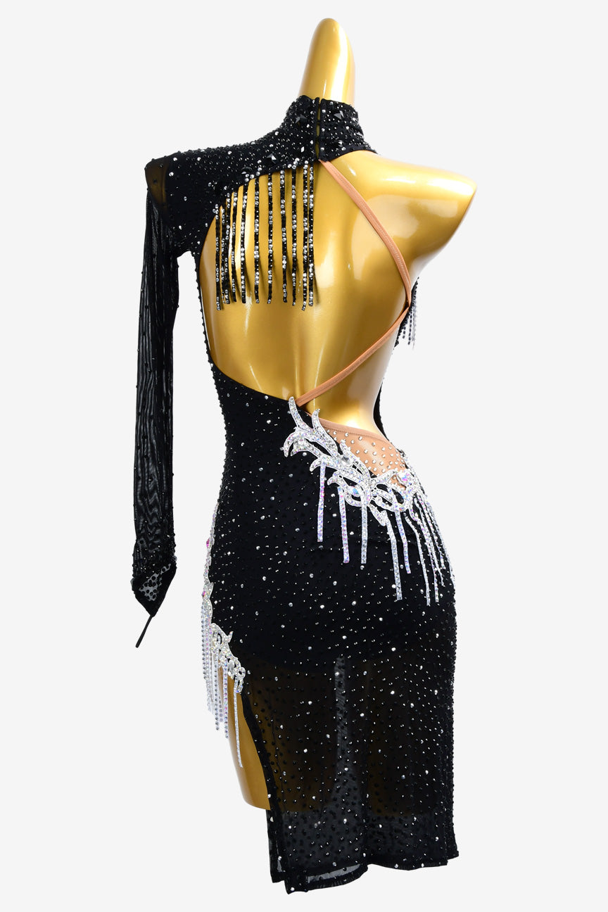 Permino black Latin dress with crystal AB a and stone fringes