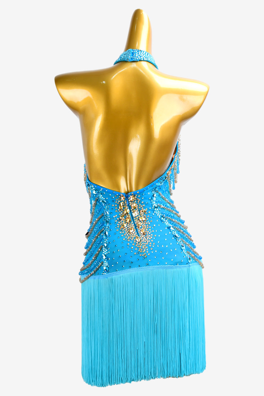 Permino deep sky blue Latin dress with beading, AB stone and fringe