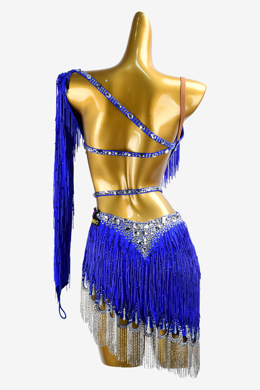 Permino international klein blue Latin dress with beaded fringe and AB stone