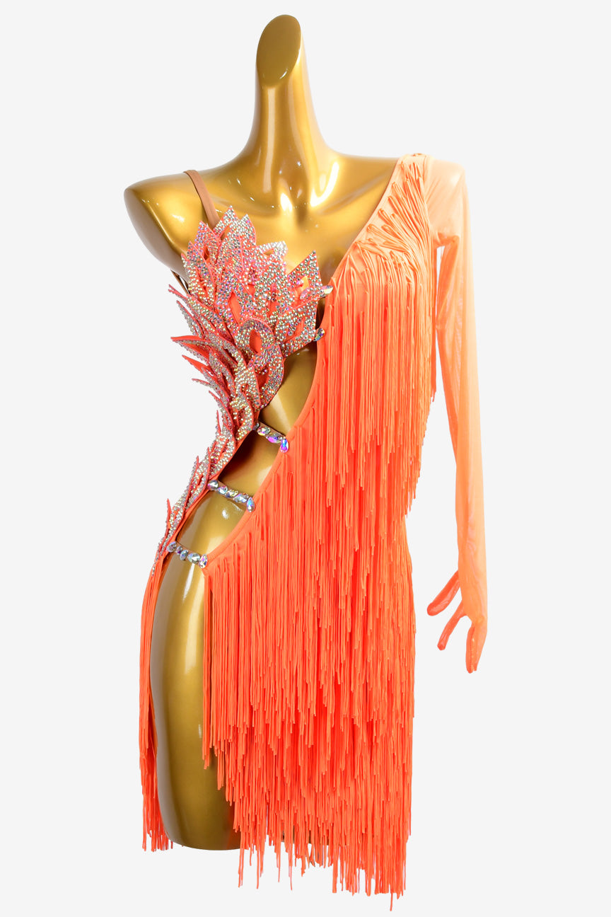Permino orange Latin dress with fringe and crystal AB