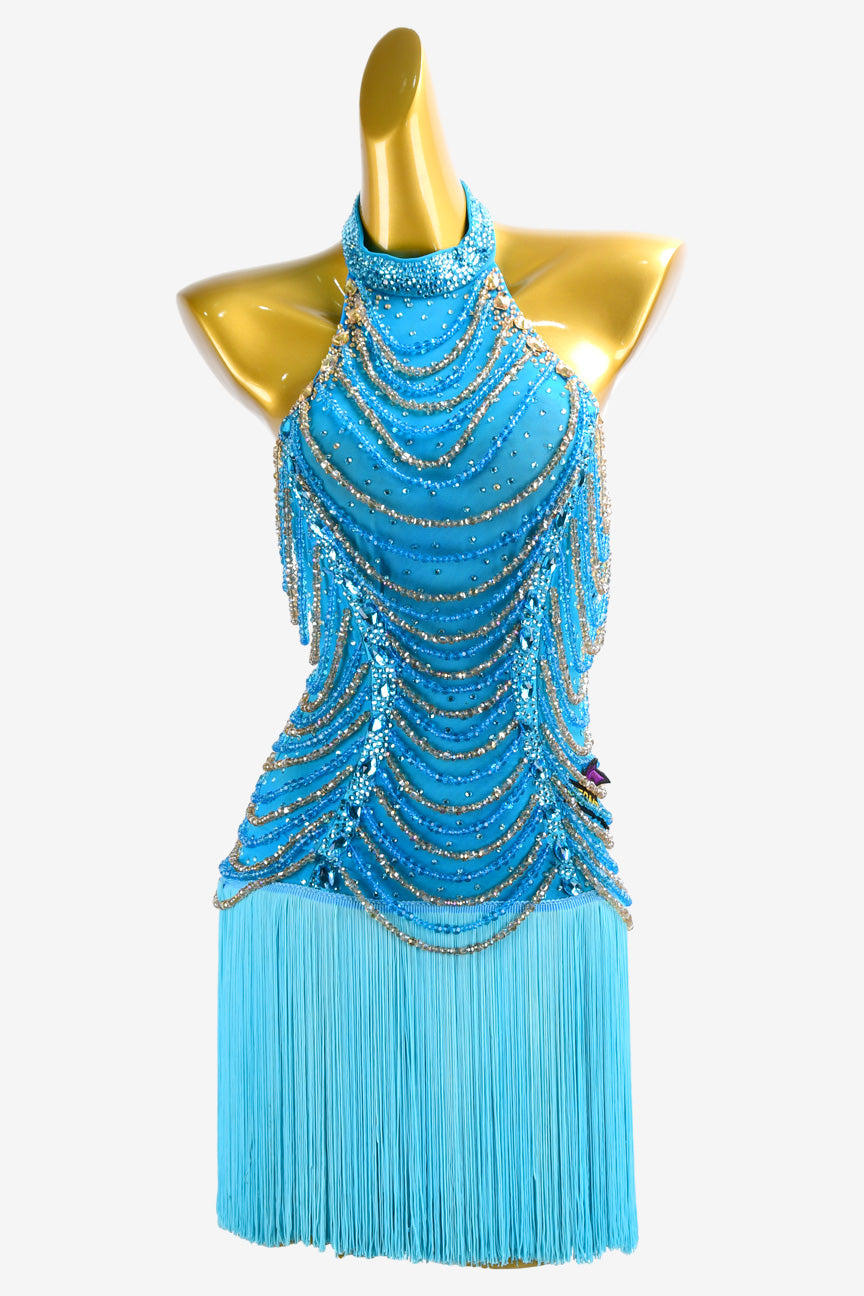 Permino deep sky blue Latin dress with beading, AB stone and fringe