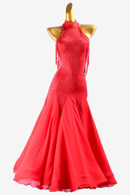 Permino china red Standard dress with stone fringes and crystal AB