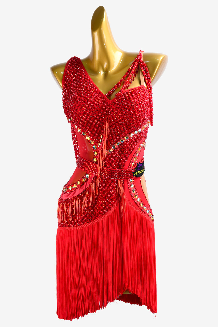 Permino china red Latin dress with AB stone, beaded fringe and fringe