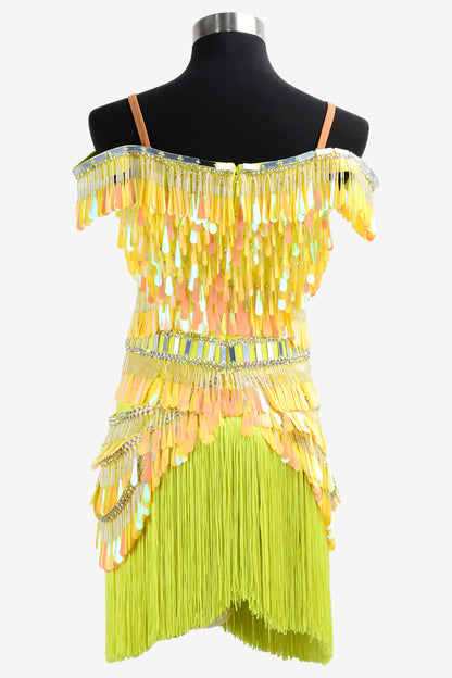 Permino canary yellow Latin dress with sequins, fringe and crystal AB