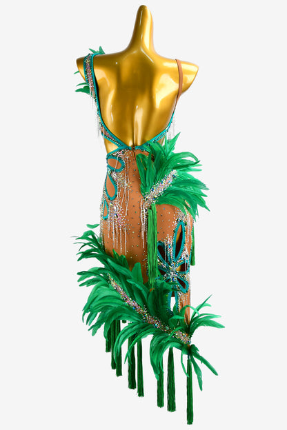 Permino black Latin dress with crystal AB, feather and stone fringes