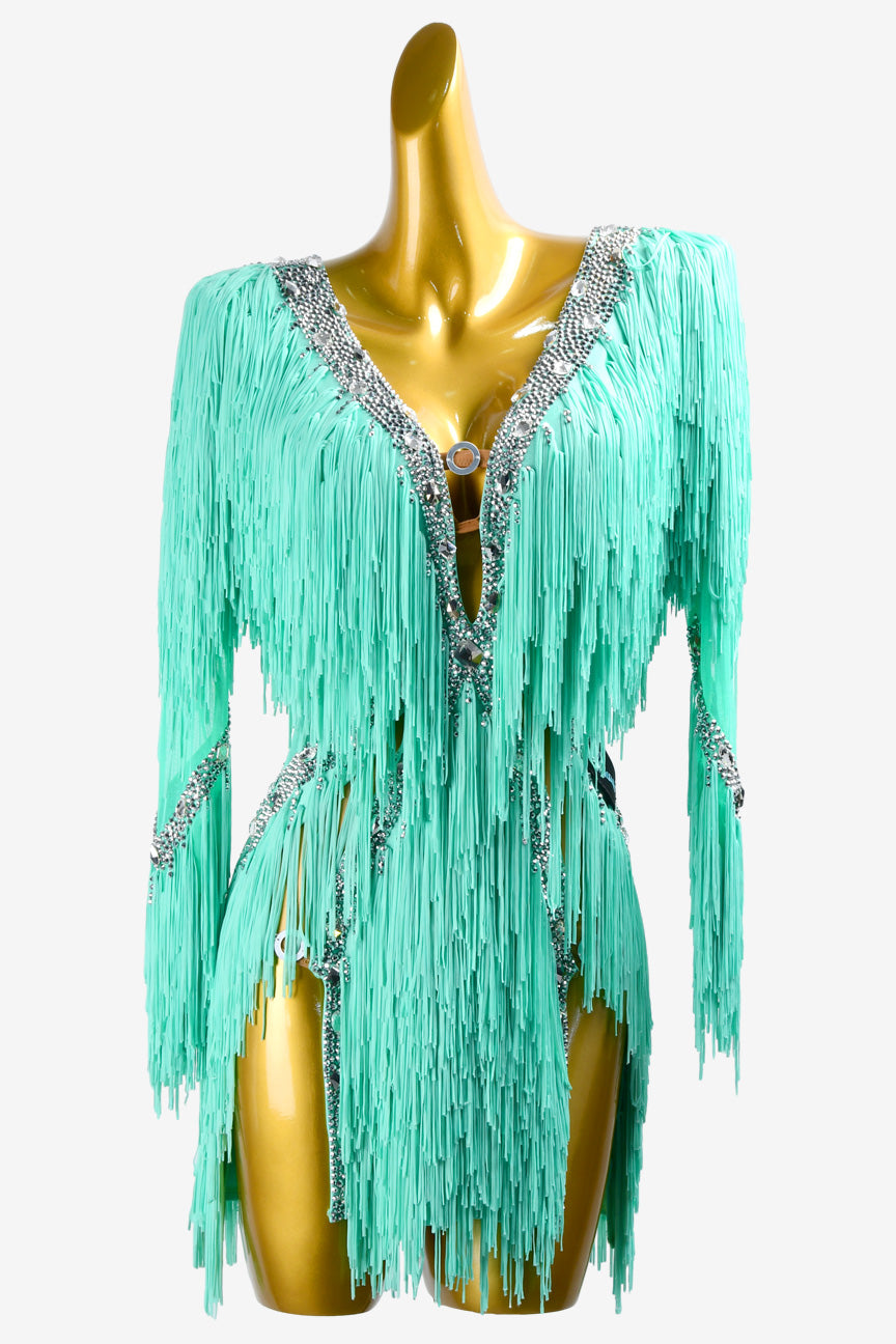 Permino turquoise Latin dress with AB stone and fringe