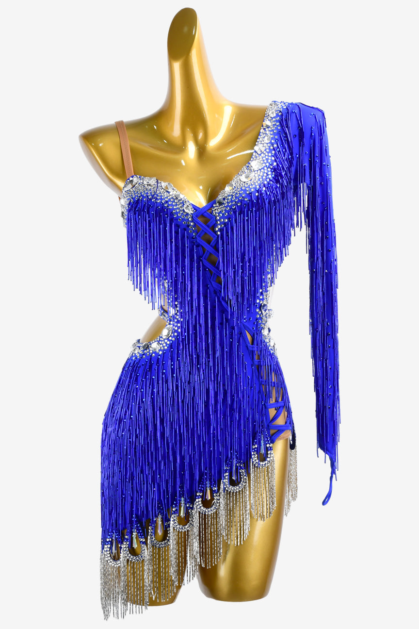Permino international klein blue Latin dress with beaded fringe and AB stone
