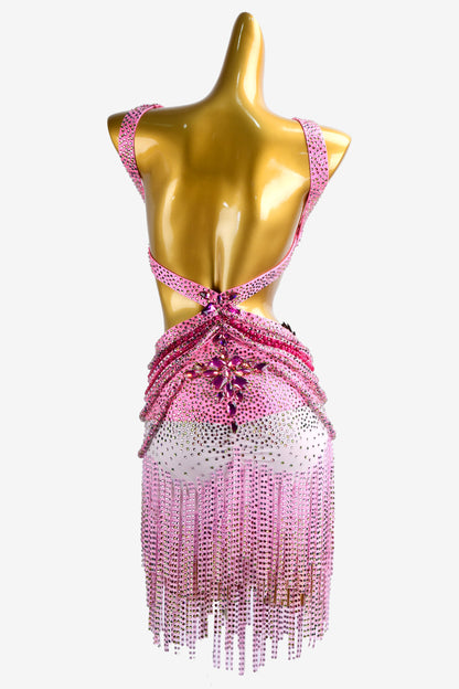 Permino bright pink Latin dress with crystal AB and stone fringes
